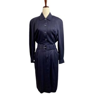 Vintage 80s Talbots 100% Rayon Long Sleeve Belted Shirt Dress Navy 6